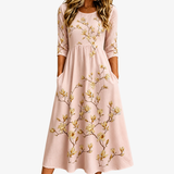 Vestido Midi de Magnolias Doradas con Bolsillos