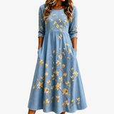 Vestido Midi Azul Campanilla con Bolsillos