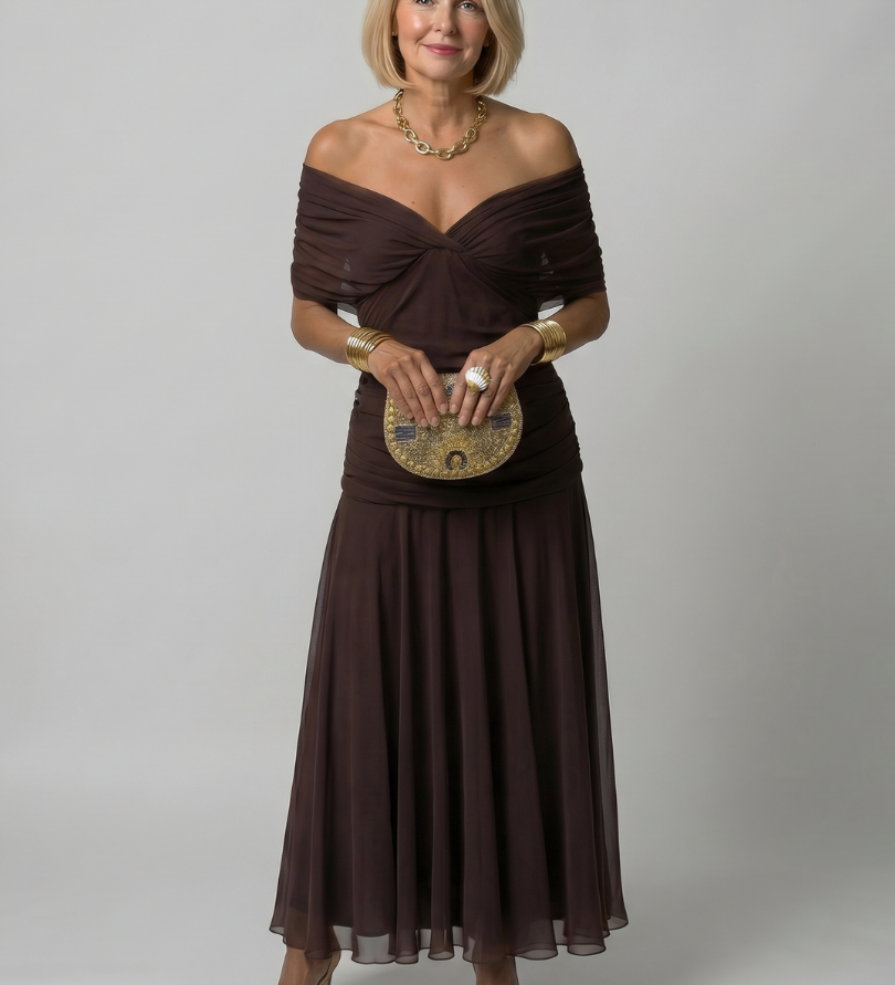 Calen | Vestido Midi Fluido con Hombros al Descubierto