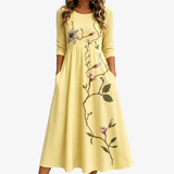 Vestido Midi Floral Dorado con Bolsillos