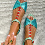 Sandalias Peep Toe Planas Azul Petróleo y Rojo con Tira en T y Corazón