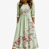 Vestido Midi Floral Verde Salvia Elegante con Bolsillos