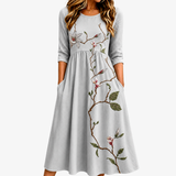 Vestido Midi Floral Gris Plateado con Bolsillos