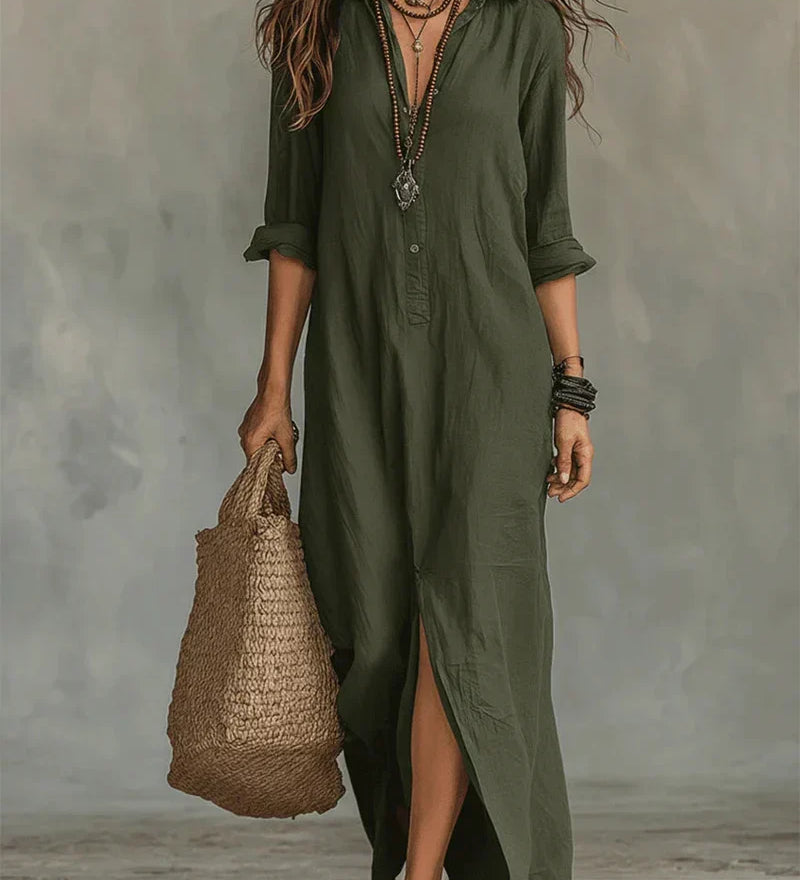 Celia™ | Vestido Maxi Negro Amplio con Botones