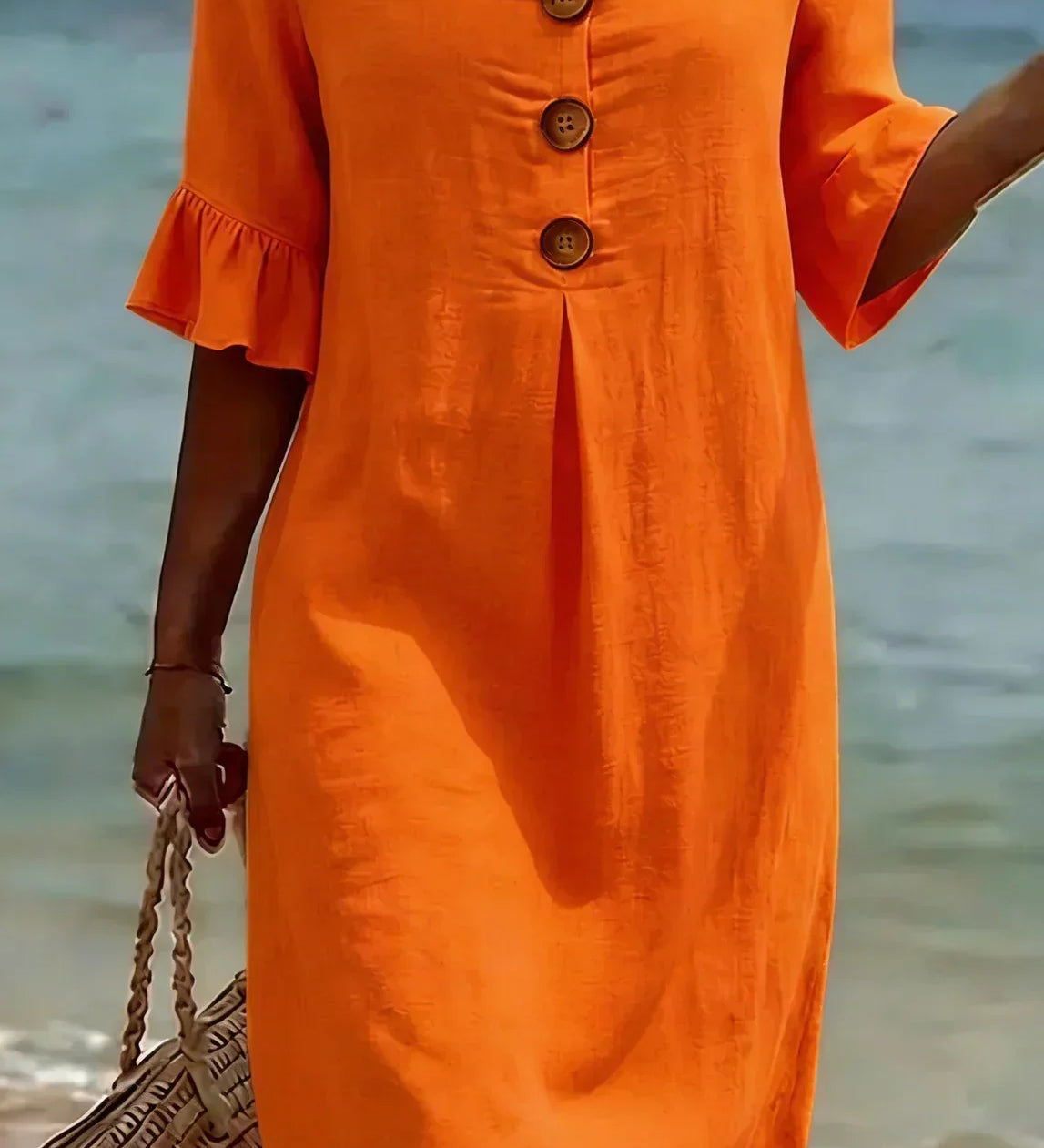 Naomi | Vestido Recto de Lino con Mangas Abullonadas