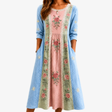 Vestido Patchwork de Rosas Vintage con Bolsillos