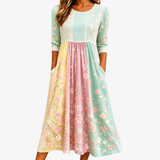 Vestido Midi Patchwork Floral de Primavera con Bolsillos