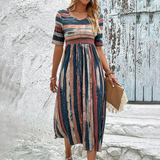 HOLLY | VESTIDO MIDI DE RAYAS ELEGANTE QUE DISIMULA EL VIENTRE