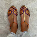 Albaira - Sandalias Doradas con Hebilla y Tira Multicolor para Verano
