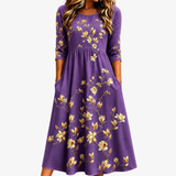 Vestido Midi de Magnolias Doradas Morado con Bolsillos