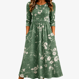 Vestido Midi Floral Verde Relajado con Bolsillos