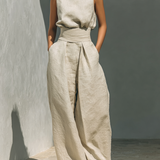 Conjunto Minimalista de Blusa Sin Mangas y Pantalón Ancho de Algodón y Lino