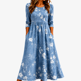 Vestido Midi Floral Azul Campanilla con Bolsillos