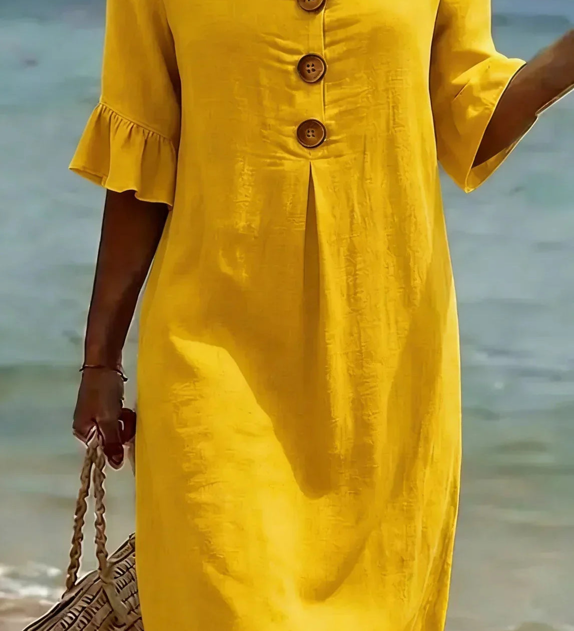 Naomi | Vestido Recto de Lino con Mangas Abullonadas