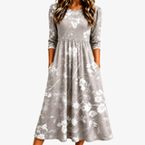 Vestido Midi Floral Gris Perla con Bolsillos