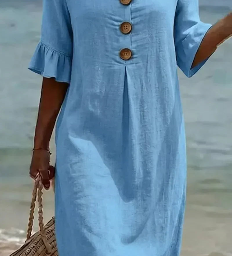 Naomi | Vestido Recto de Lino con Mangas Abullonadas