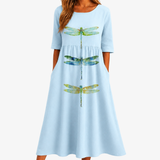 Vestido Midi de Libélulas Azul Cielo con Bolsillos