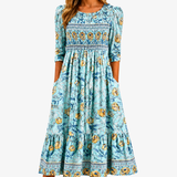 Vestido Midi de Jardín con Fruncido y Flores Doradas