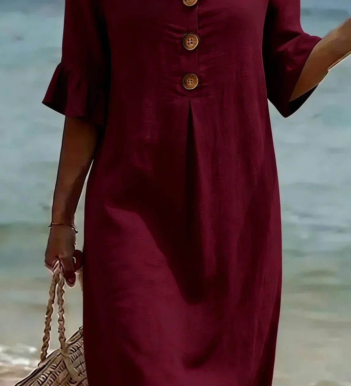 Naomi | Vestido Recto de Lino con Mangas Abullonadas