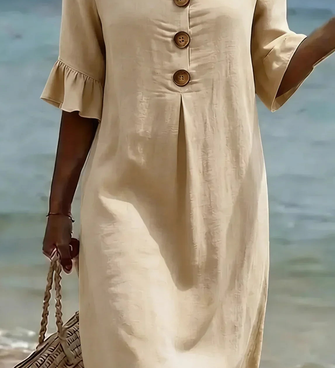 Naomi | Vestido Recto de Lino con Mangas Abullonadas
