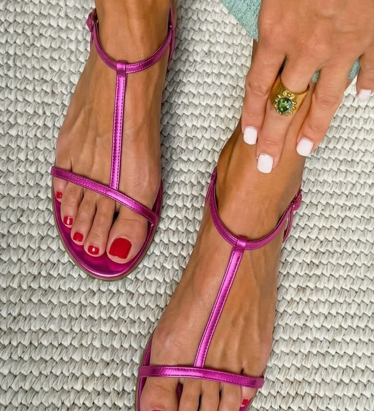 Zafira - Sandalias  Planas Metálicas con Tiras en T para Verano