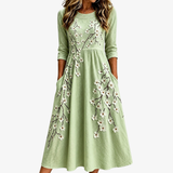Vestido Midi Floral de Jardín Verde Salvia con Bolsillos