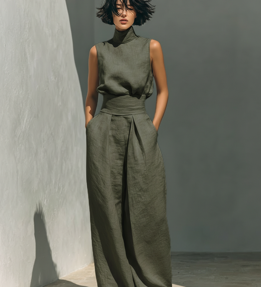 Conjunto Minimalista de Blusa Sin Mangas y Pantalón Ancho de Algodón y Lino