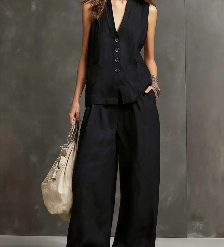 Conjunto de Algodón y Lino con Chaleco Sin Mangas y Pantalón Ancho