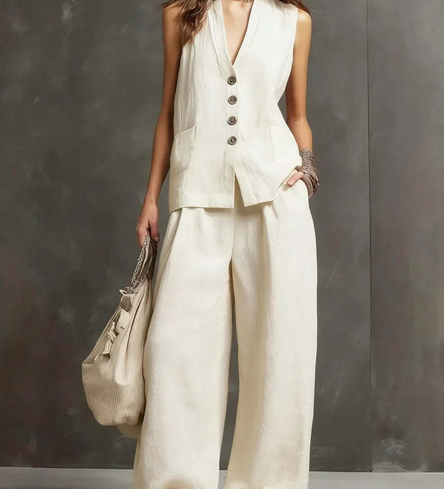 Conjunto de Algodón y Lino con Chaleco Sin Mangas y Pantalón Ancho
