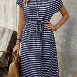 Sylvie | Vestido Midi de Rayas Azules con Cintura Anudada