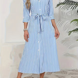 Odette | Vestido Camisero Midi de Rayas Azules con Botonadura