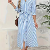 Odette | Vestido Camisero Midi de Rayas Azules con Botonadura