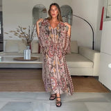 Vivienne | Vestido Maxi Estampado con Escote en V y Mangas Murciélago