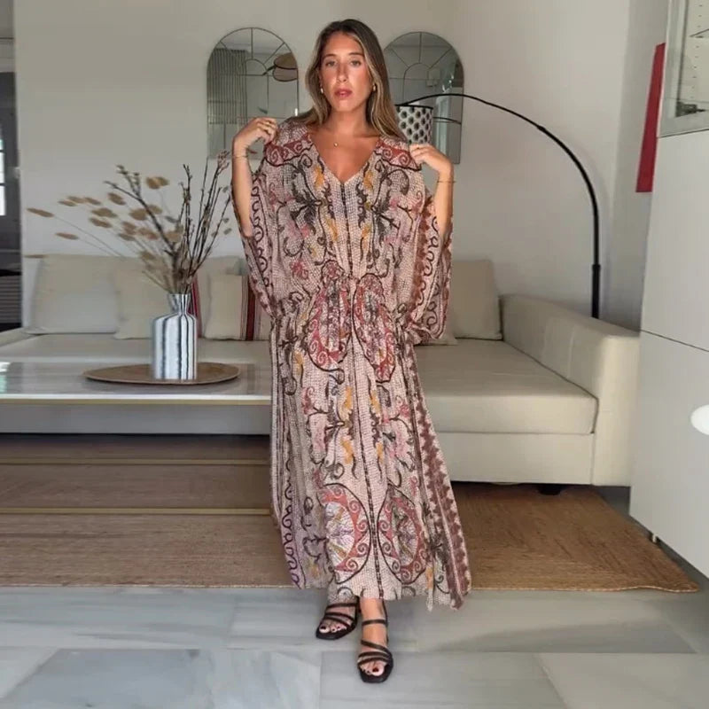 Vivienne | Vestido Maxi Estampado con Escote en V y Mangas Murciélago