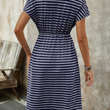 Sylvie | Vestido Midi de Rayas Azules con Cintura Anudada