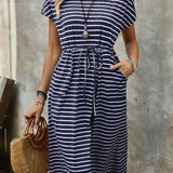 Sylvie | Vestido Midi de Rayas Azules con Cintura Anudada