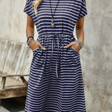 Sylvie | Vestido Midi de Rayas Azules con Cintura Anudada