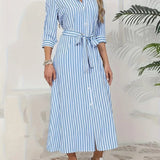 Odette | Vestido Camisero Midi de Rayas Azules con Botonadura