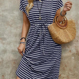 Sylvie | Vestido Midi de Rayas Azules con Cintura Anudada