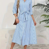 Odette | Vestido Camisero Midi de Rayas Azules con Botonadura
