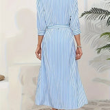 Odette | Vestido Camisero Midi de Rayas Azules con Botonadura