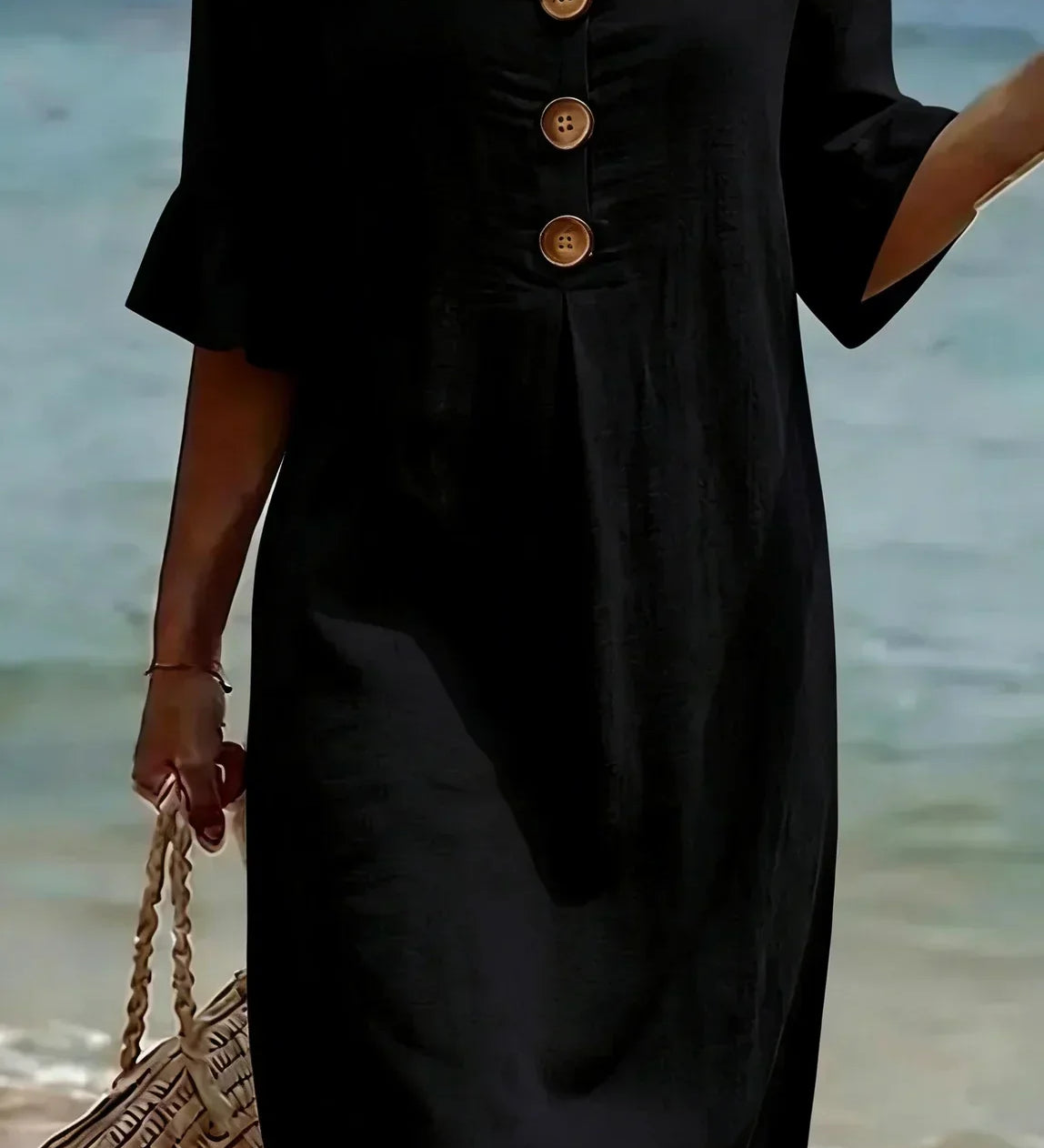 Naomi | Vestido Recto de Lino con Mangas Abullonadas