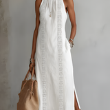 Jimena | Vestido Midi Relajado Bordado con Cuello Mao