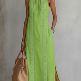 Jimena | Vestido Midi Relajado Bordado con Cuello Mao