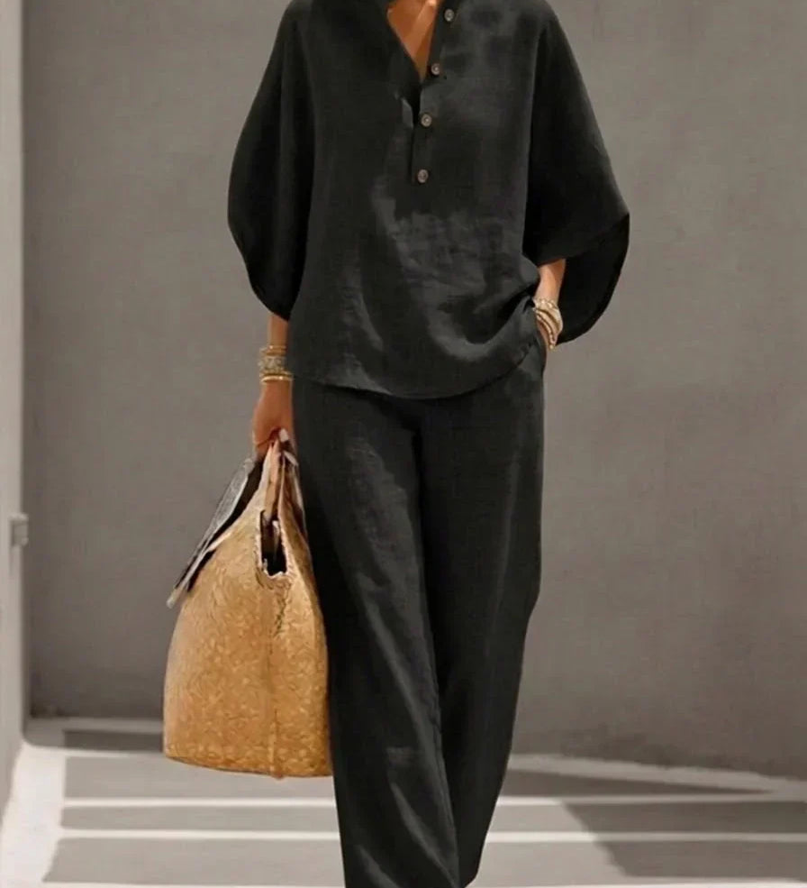 Sofía | Conjunto de Efecto Lino con Mangas Murciélago y Pantalón Ancho