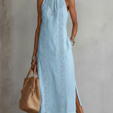Jimena | Vestido Midi Relajado Bordado con Cuello Mao