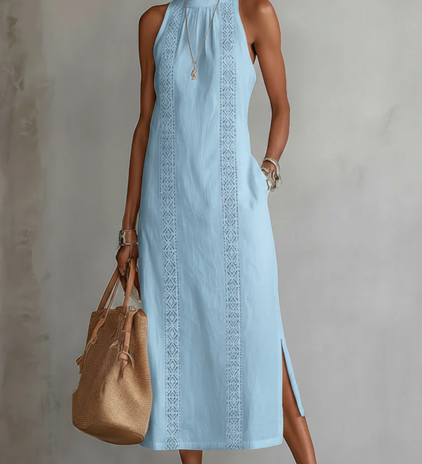 Jimena | Vestido Midi Relajado Bordado con Cuello Mao