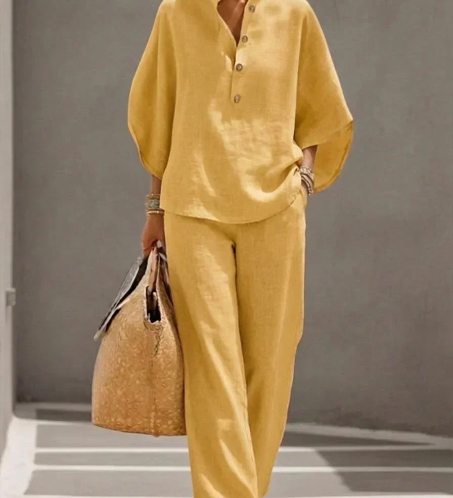 Sofía | Conjunto de Efecto Lino con Mangas Murciélago y Pantalón Ancho