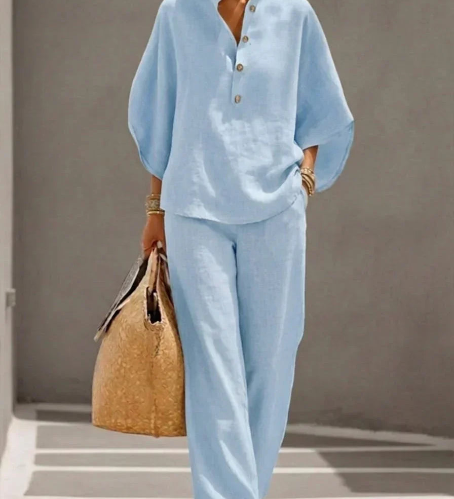 Sofía | Conjunto de Efecto Lino con Mangas Murciélago y Pantalón Ancho