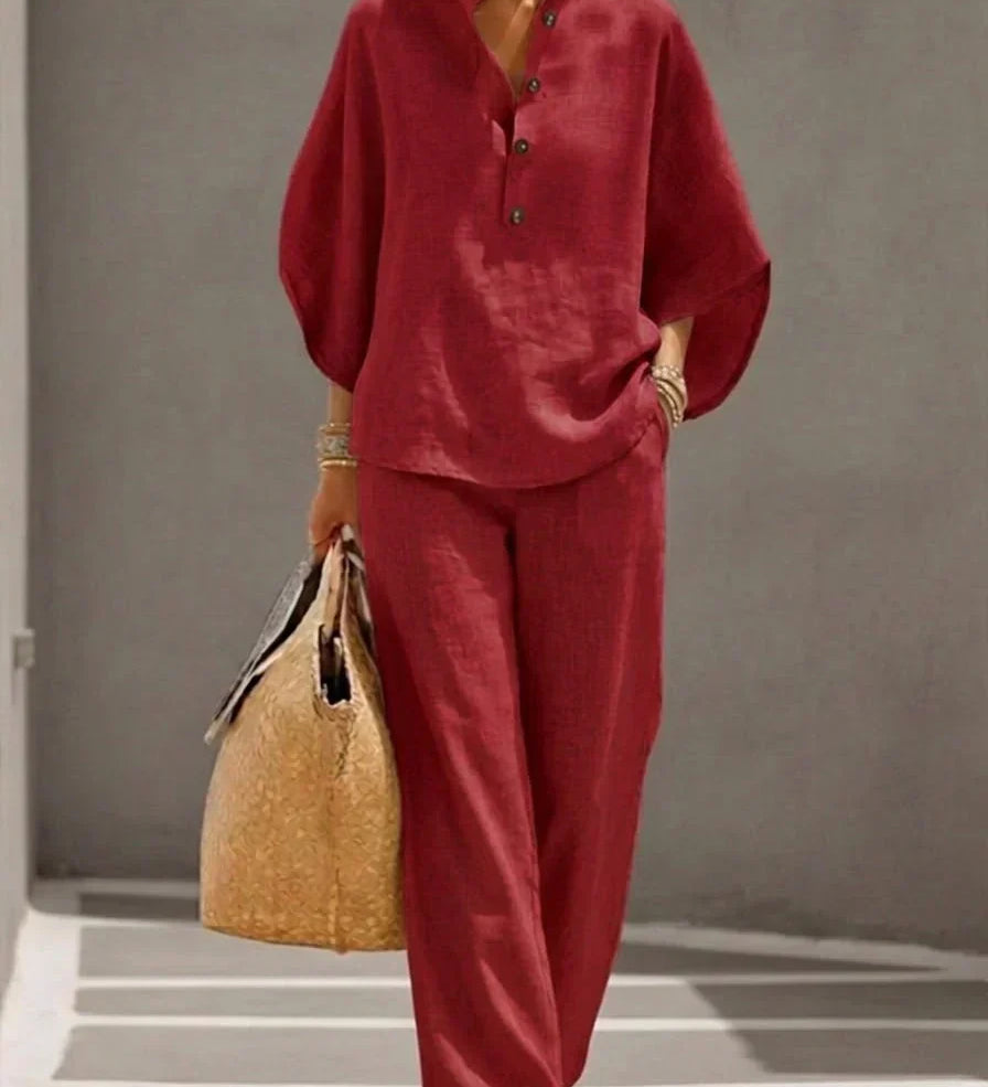 Sofía | Conjunto de Efecto Lino con Mangas Murciélago y Pantalón Ancho